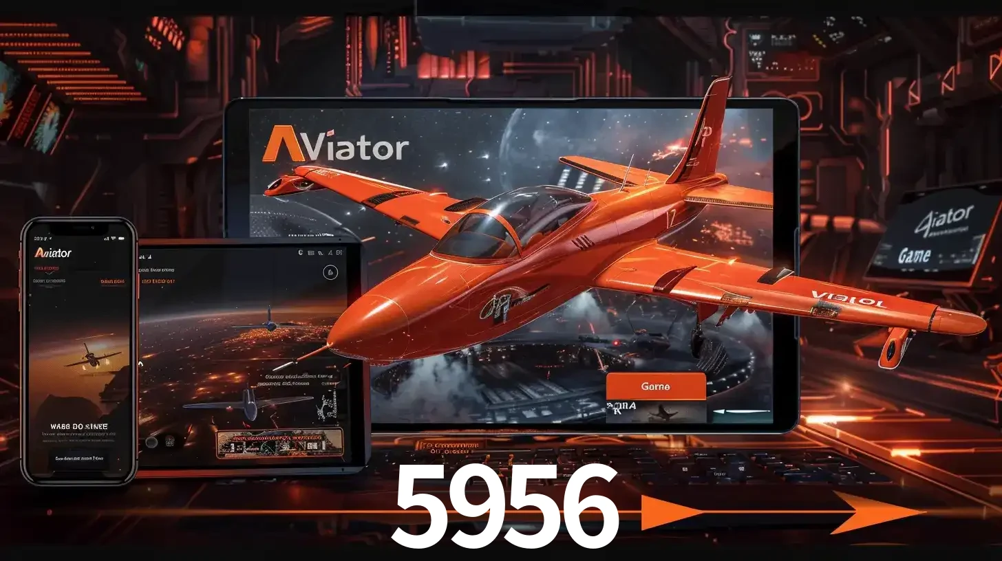 Apresentação tecnológica do jogo Aviator com um avião saindo da tela de um tablet, demonstrando a experiência imersiva em múltiplos dispositivos no 5956.