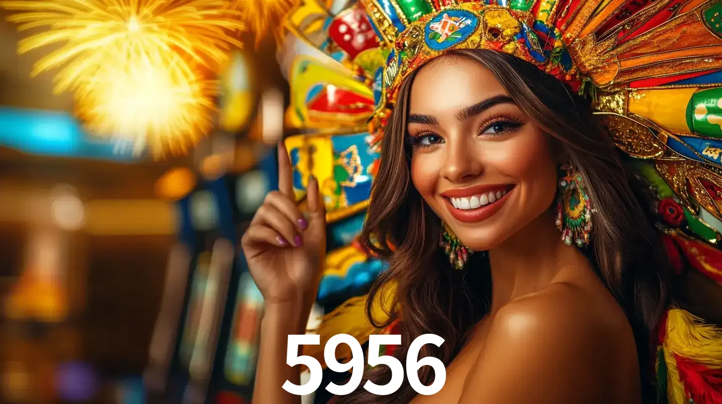 Mulher sorridente com um cocar de carnaval vibrante e colorido, celebrando uma grande vitória nos jogos do cassino 5956 com fogos de artifício ao fundo.