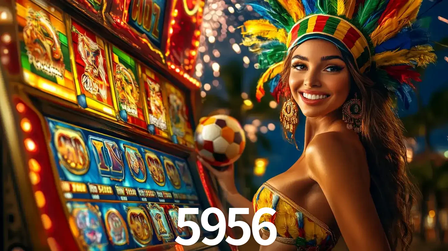 Mulher com um cocar de carnaval ao lado de uma máquina de caça-níqueis enquanto segura uma bola de futebol, mostrando a união da diversão de cassino e esportes no 5956.