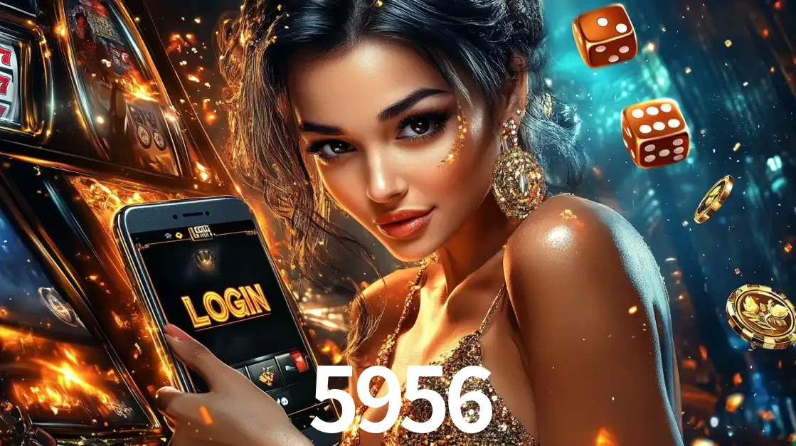 Mulher glamourosa segurando um celular com a tela de login do cassino 5956, rodeada por dados e moedas douradas, pronta para começar a diversão.