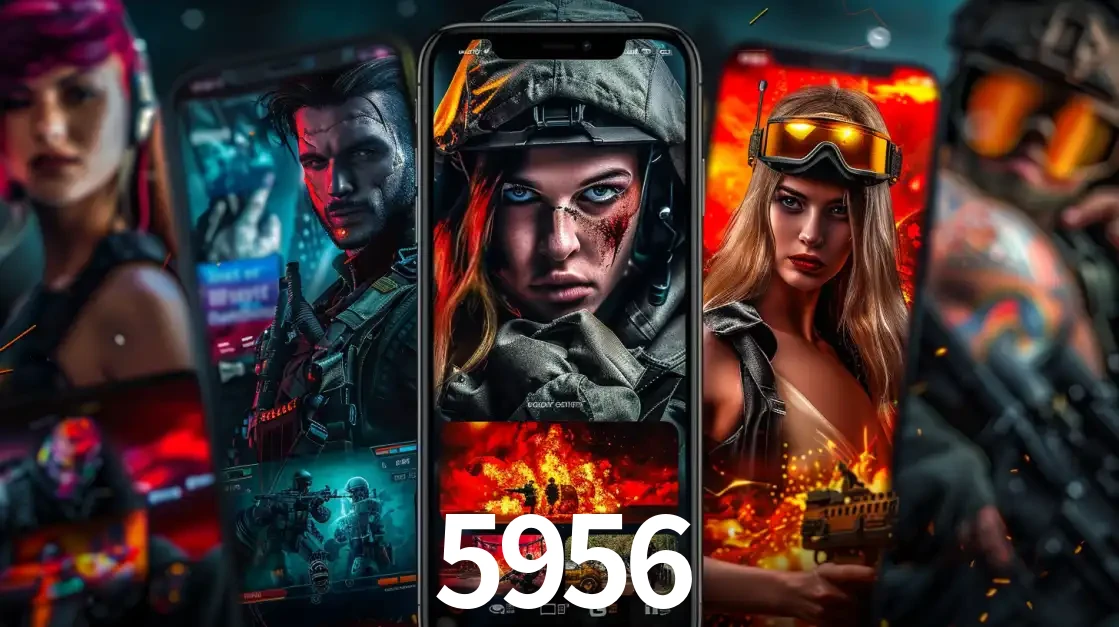 Montagem de telas de celular mostrando diversos personagens, masculinos e femininos, de um jogo de tiro, ilustrando a diversidade de equipes de e-sports para apostar no 5956.
