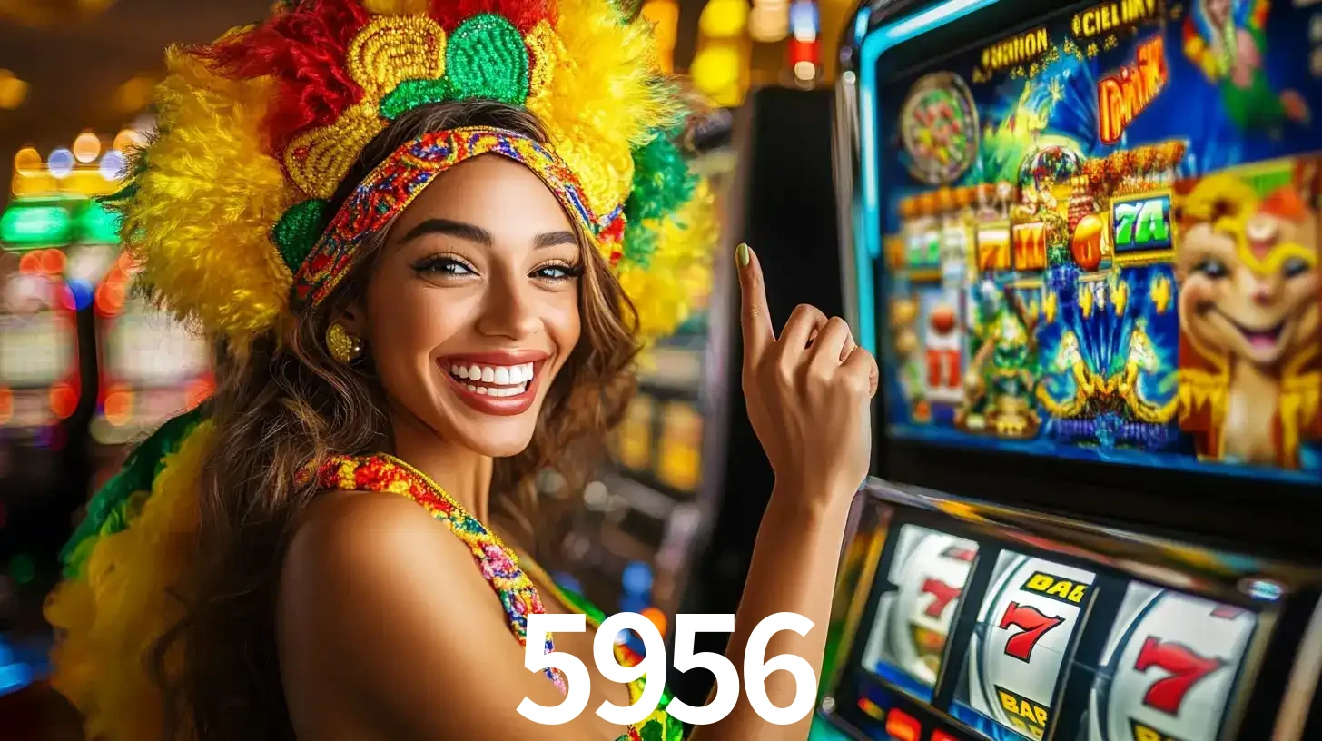 Mulher animada com um cocar de carnaval apontando para uma máquina de caça-níqueis, mostrando a emoção de ganhar um grande prêmio nos jogos do 5956.