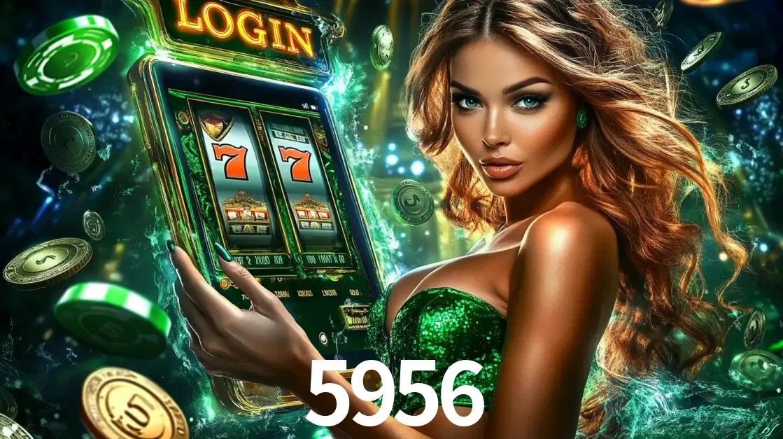 Mulher com tema verde apresentando o aplicativo do cassino 5956 com um jogo de slot de 777, cercada por fichas de cassino e uma aura de sorte.