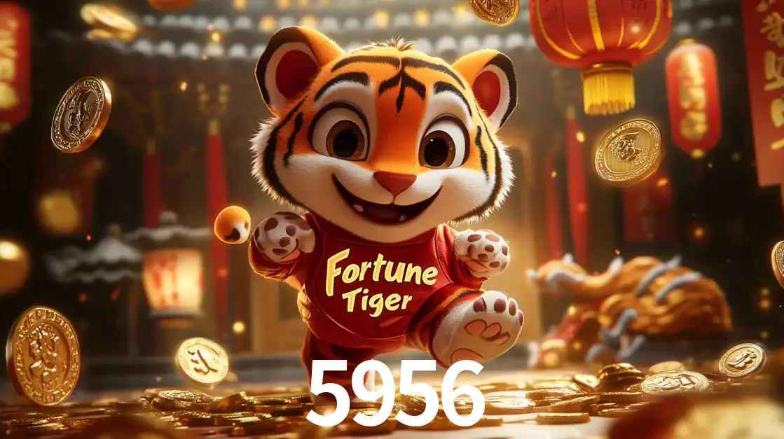 O alegre personagem do Fortune Tiger correndo sobre um caminho de moedas de ouro, simbolizando os grandes prêmios e a diversão do popular jogo de slot do 5956.
