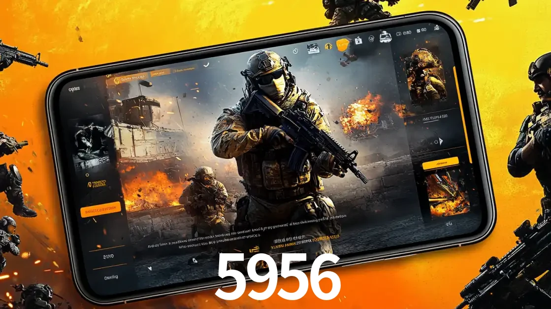 Um smartphone exibindo a interface de um jogo de tiro em primeira pessoa, com um soldado em um cenário de batalha, representando a ação dos e-sports para apostar no 5956.