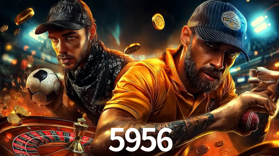 Montagem de apostas esportivas e cassino no 5956, com um homem segurando uma bola de futebol e outro uma de beisebol sobre uma roleta e moedas voadoras.