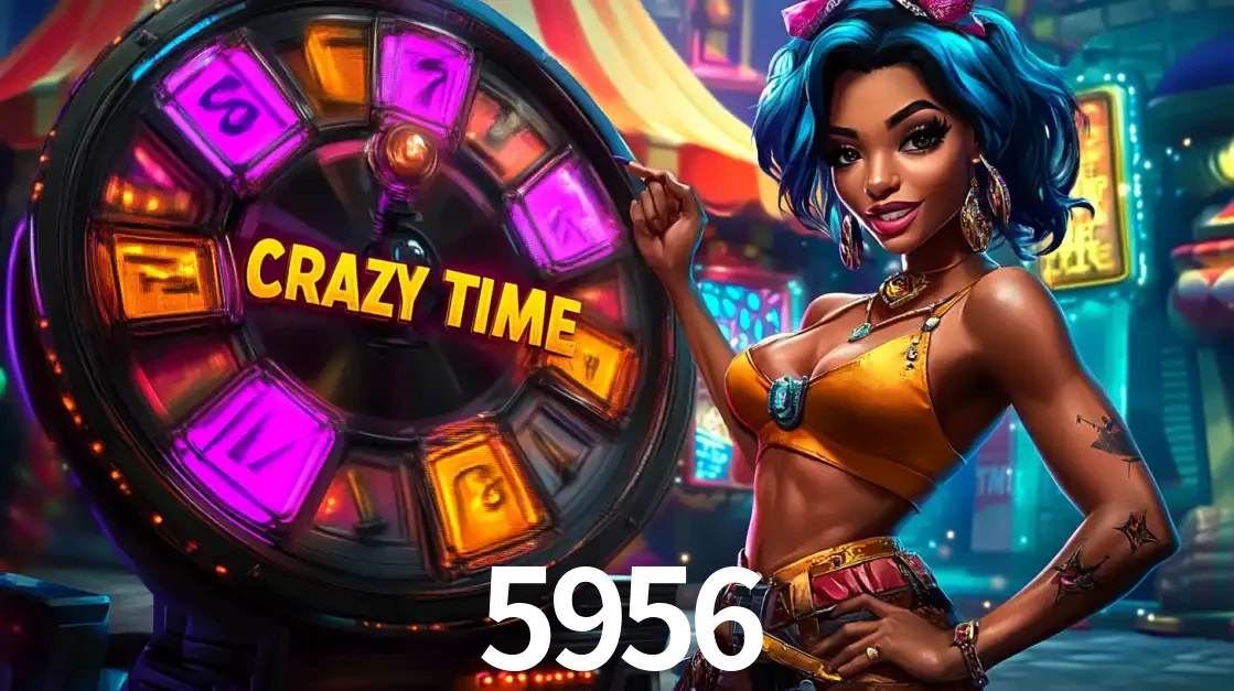 Mulher estilizada com cabelo azul e visual vibrante posando ao lado da roda de prêmios do game show Crazy Time, convidando para a diversão e os bônus do cassino 5956.