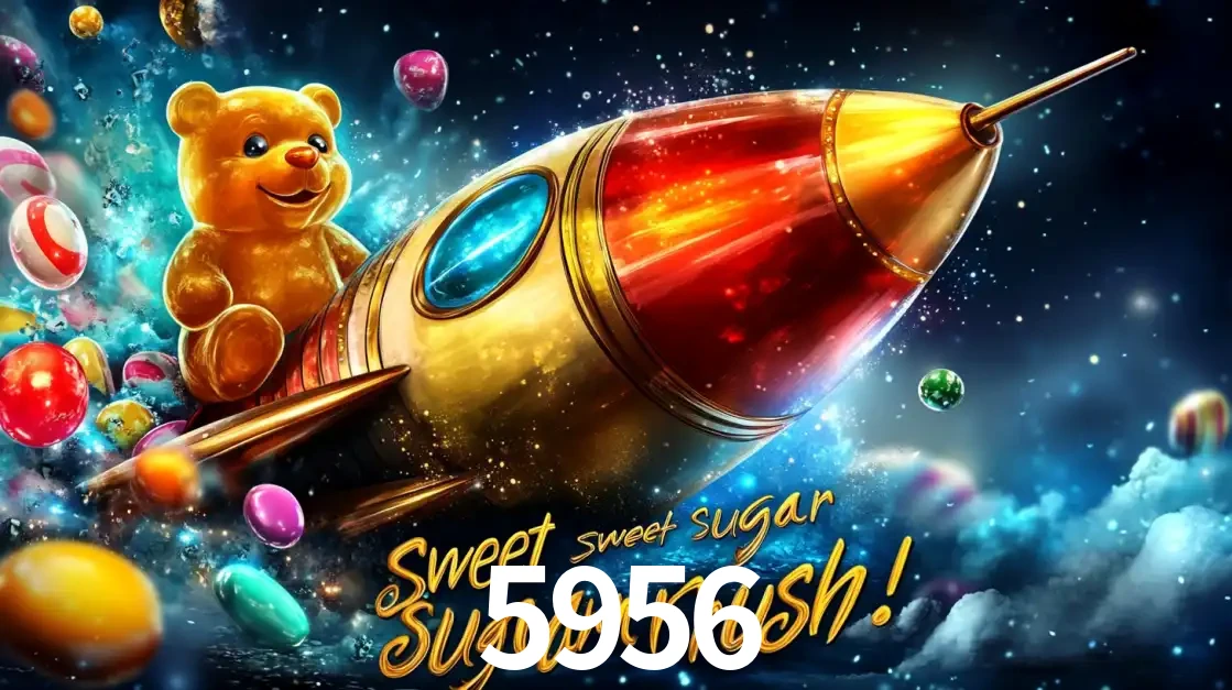 Arte promocional do jogo de slot Sugar Rush, com um urso de pelúcia em um foguete viajando pelo espaço de doces, um dos jogos divertidos disponíveis no cassino 5956.