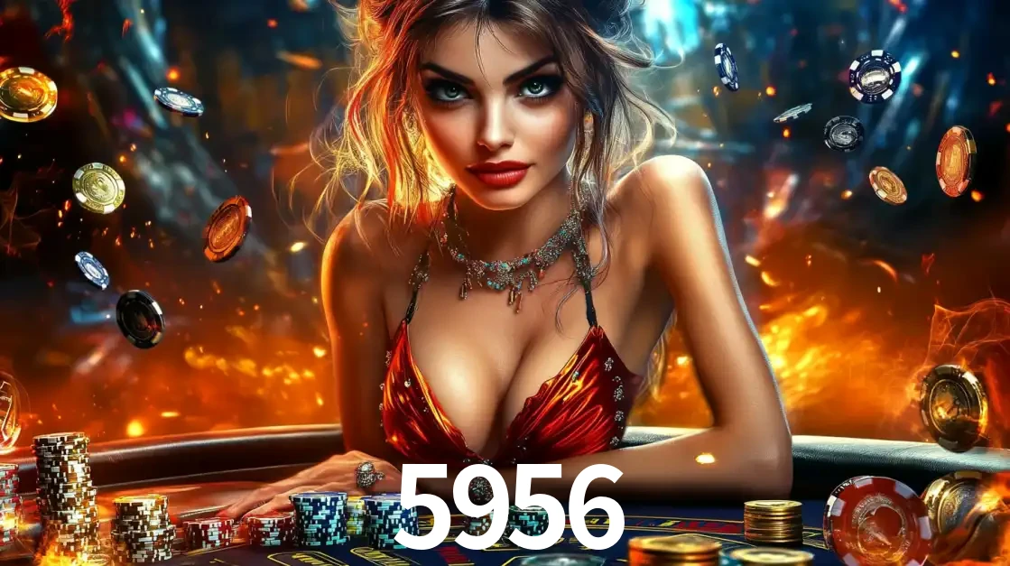 Mulher em uma mesa de cassino com pilhas de fichas e um fundo de fogo, pronta para uma rodada de altas apostas nos jogos de mesa emocionantes do cassino 5956.