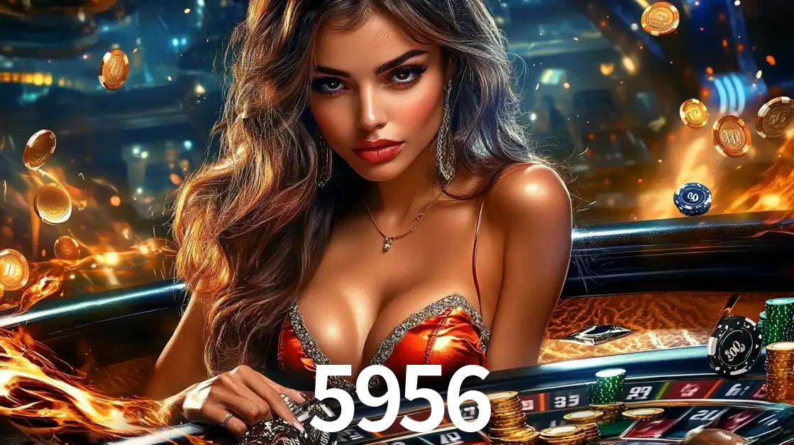 Mulher glamourosa em uma mesa de roleta com um fundo de chamas e moedas voadoras, pronta para fazer sua aposta e ganhar grandes prêmios no cassino ao vivo 5956.