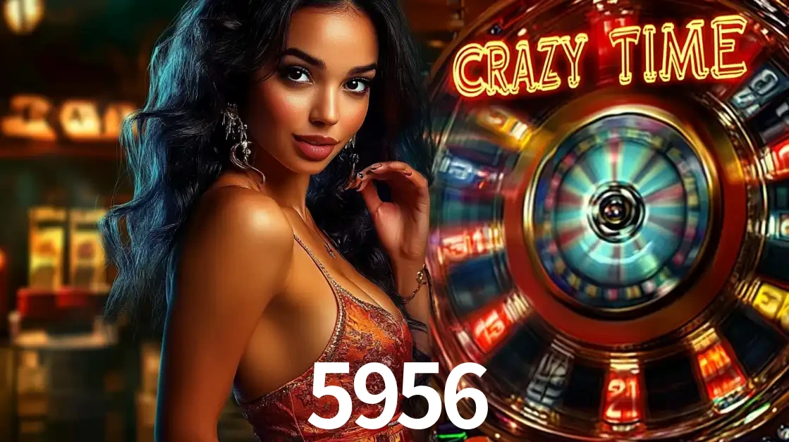 Mulher elegante ao lado da vibrante roda da fortuna do jogo de cassino ao vivo Crazy Time, um dos game shows mais populares e cheios de prêmios do 5956.