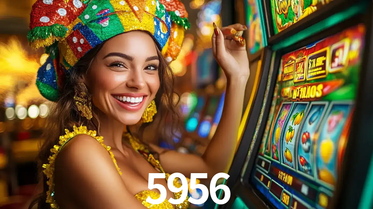 Mulher feliz com traje de carnaval amarelo e colorido ao lado de uma máquina de caça-níqueis, aproveitando a diversão e os jogos temáticos do cassino 5956.