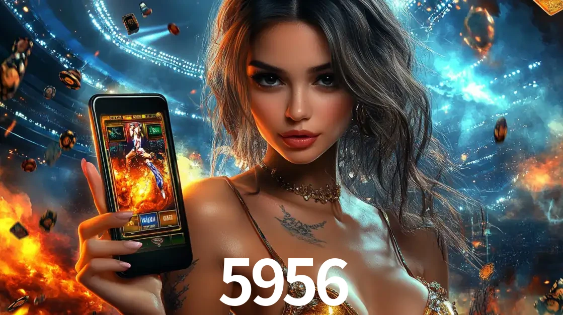 Mulher segurando um celular com um jogo de slot em destaque, tendo como fundo um estádio vibrante, simbolizando a emoção de jogar no cassino móvel 5956.