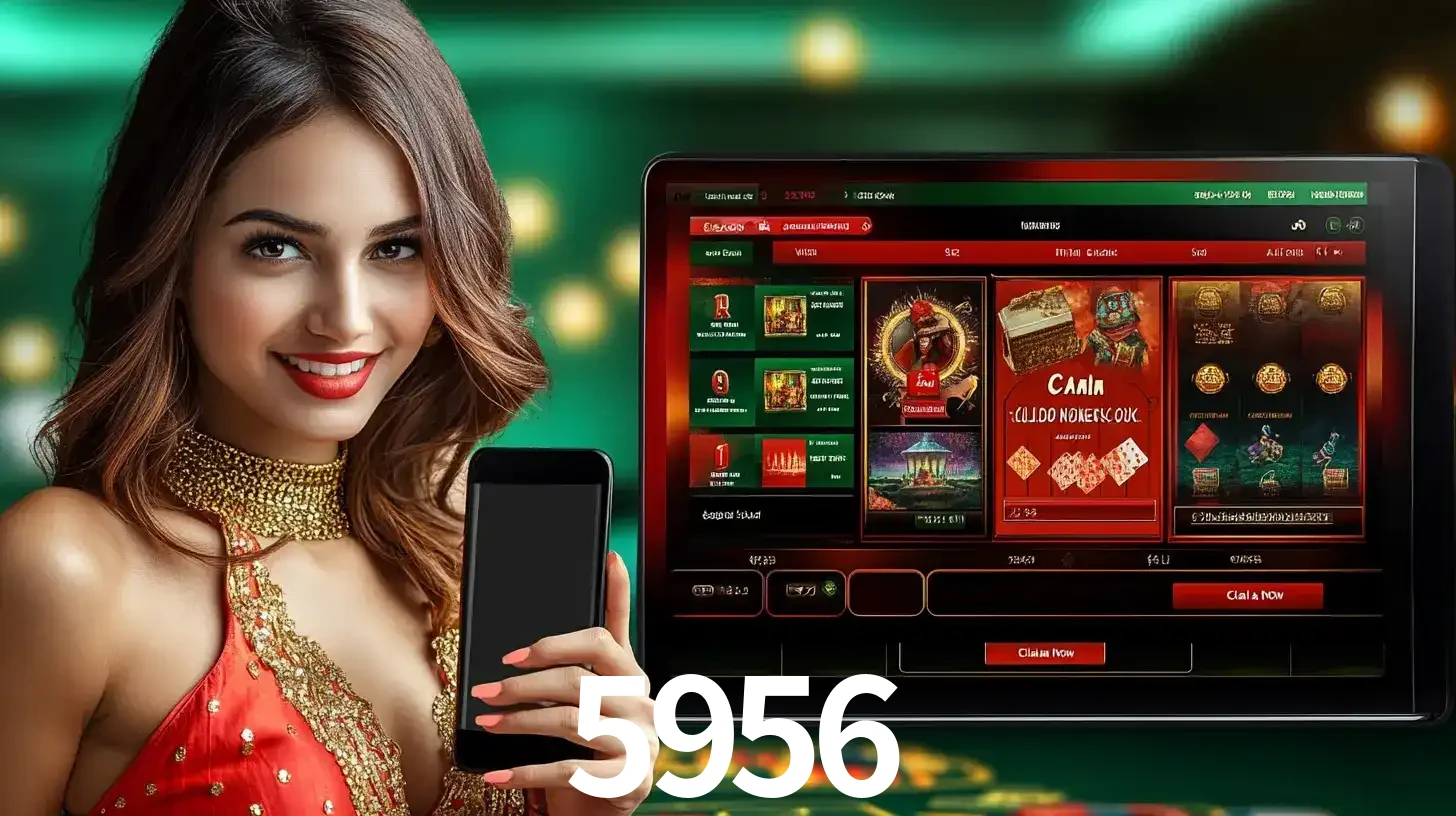 Mulher sorridente segurando um smartphone, ao lado de uma tela exibindo o lobby de jogos do cassino online 5956, com várias opções de jogos de cartas e slots.