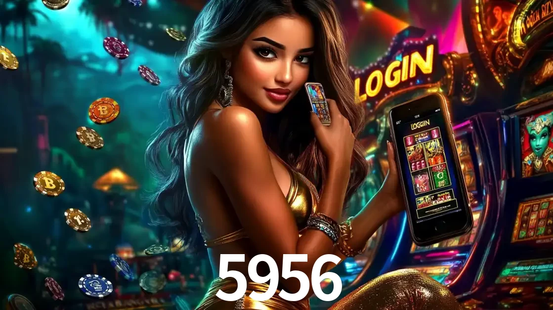 Mulher em um cenário de cassino temático de aventura, mostrando o app de caça-níqueis da 5956 no celular. Fichas de apostas flutuam ao redor.