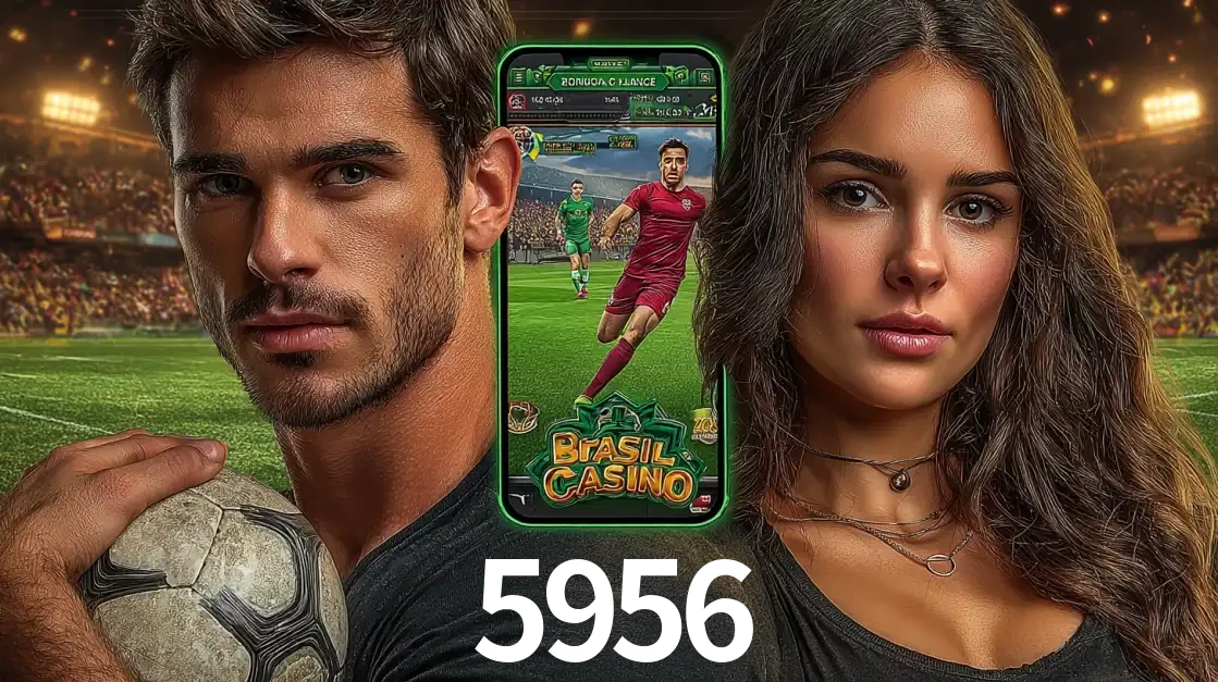 Homem segurando uma bola de futebol e uma mulher ao lado de um smartphone exibindo o jogo de apostas esportivas da 5956. Faça seu palpite no cassino online.